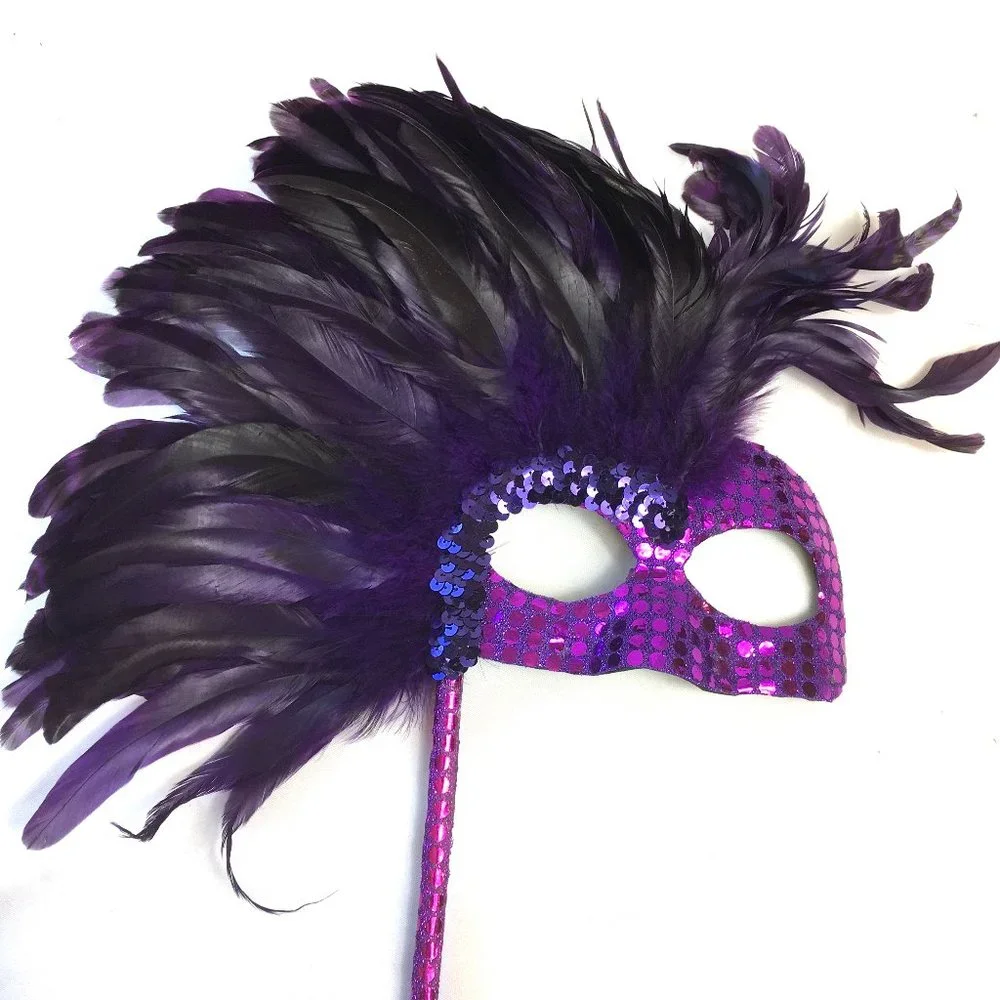 VENETIAN MARDI GRAS Purple Sequin Mask w Purple Feathers w/ Handle NWOT NOS